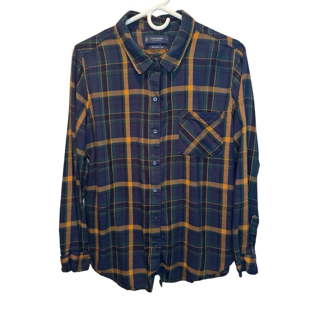 Lucky Brand Womens Navy Green Plaid Flannel Button Down Shirt Classic Fit L